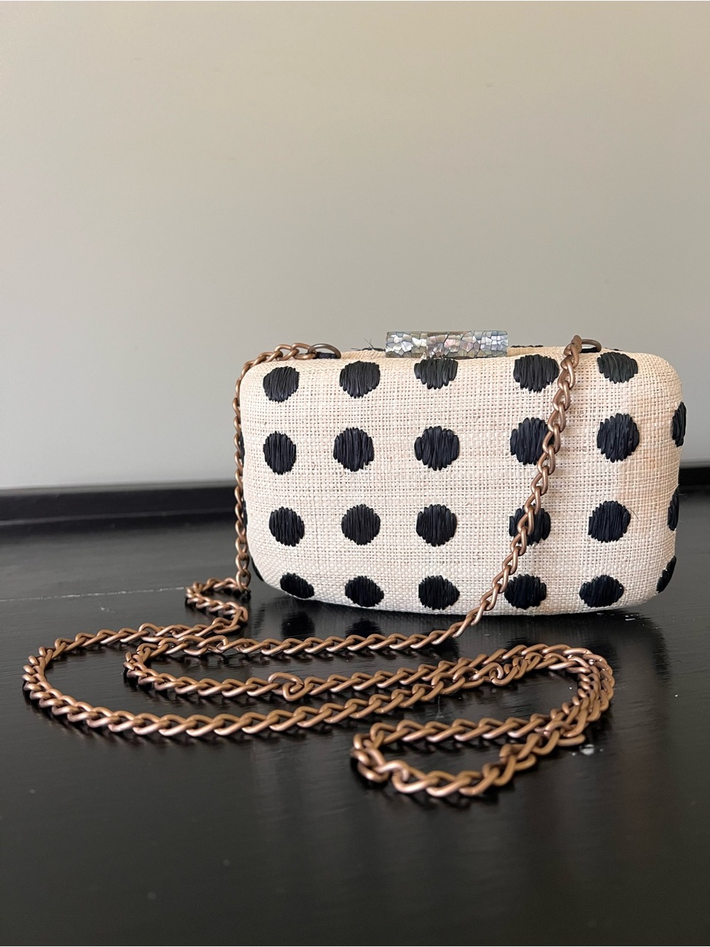 Kayu Polka Dot Box Clutch Shoulder Bag in Black and Cream